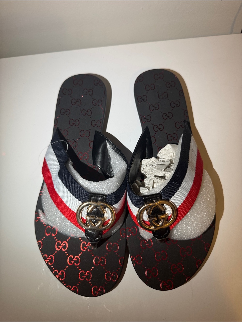 Gucci Kids Red White Blue Web Stripe GG Logo Slide Sandals